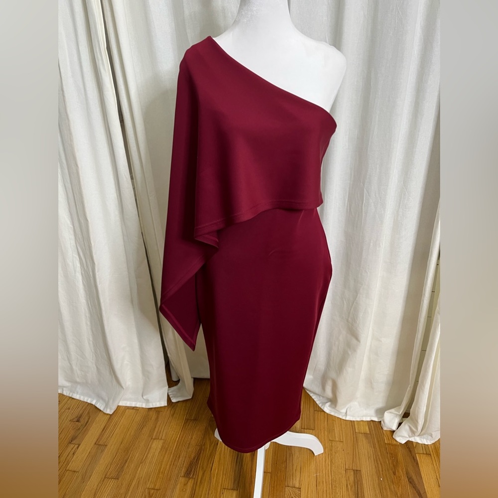 Amazon One-Shoulder Draped Midi Dress in Burgundy